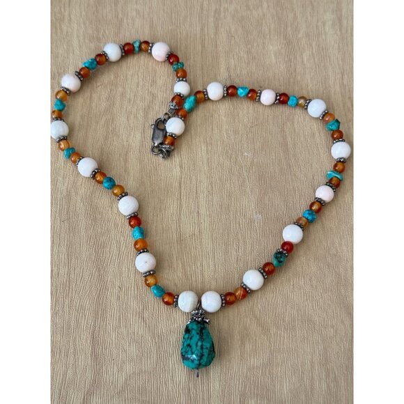 Strand Jewelry - Vintage Long Beaded Necklace With Turquoise Pendant & Tiger Eye Beads
